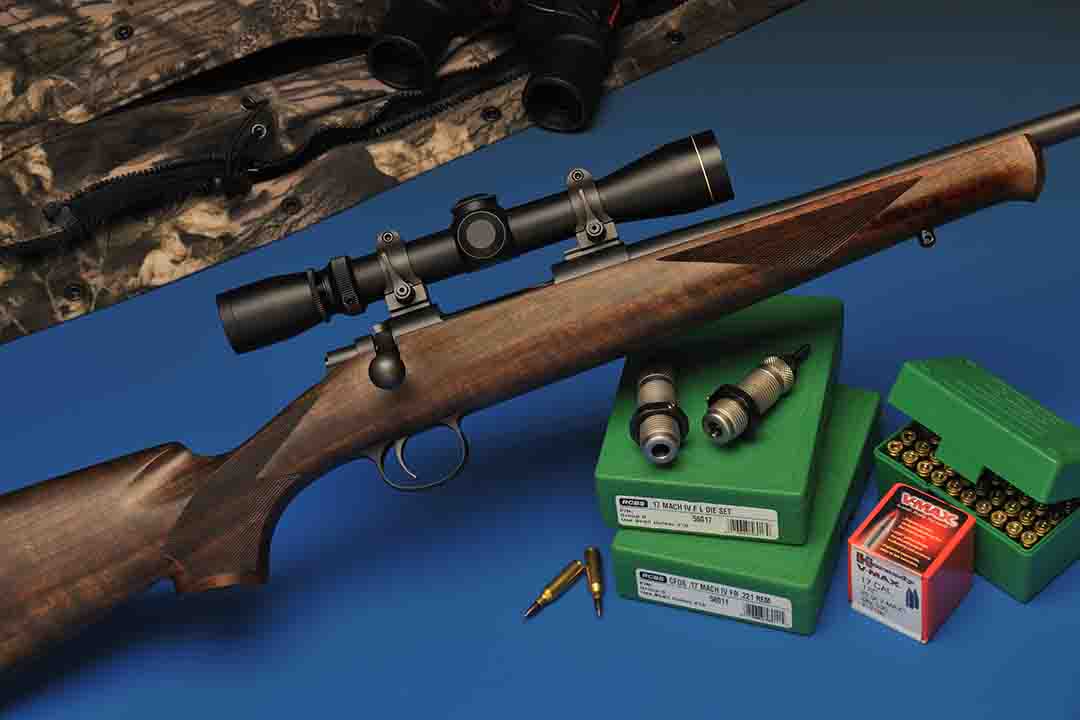 The Cooper Model 21 chambered in the .17 MARK IV. Stocked in AA Claro Walnut and equipped with a Leupold 3-9x 32mm scope, this rifle is perfect as a walking varmint rifle for woodchucks and other small game.
